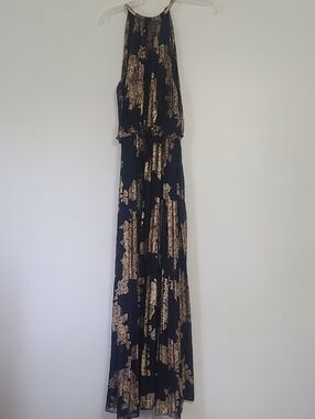 Navy Halter Maxi Dress with Metallic Gold Print